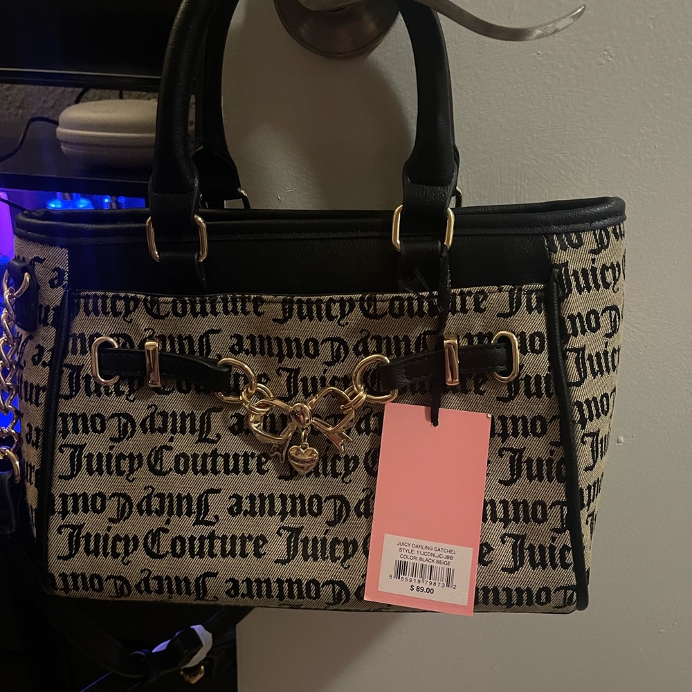 Juicy Couture Black & Beige Logo Tote Satchel with Gold Hardware